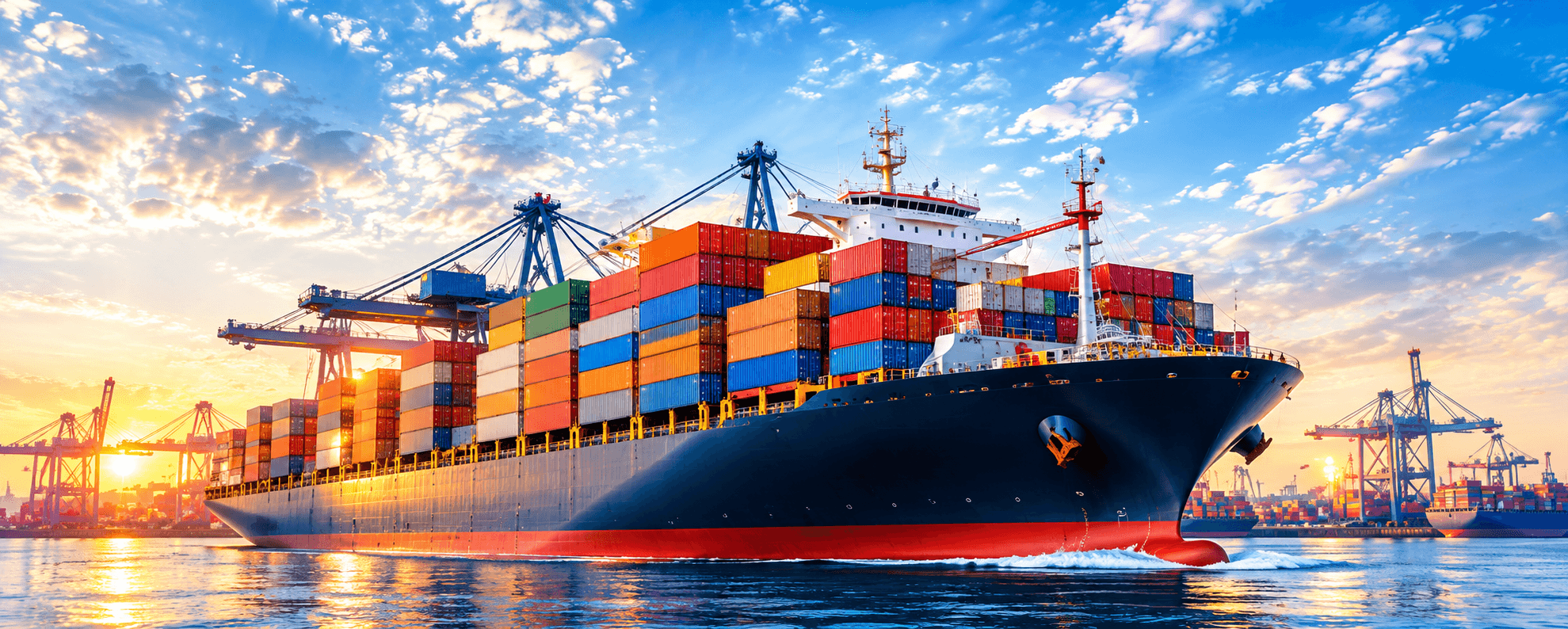 Cargo ship carrying international trade containers at a busy shipping port