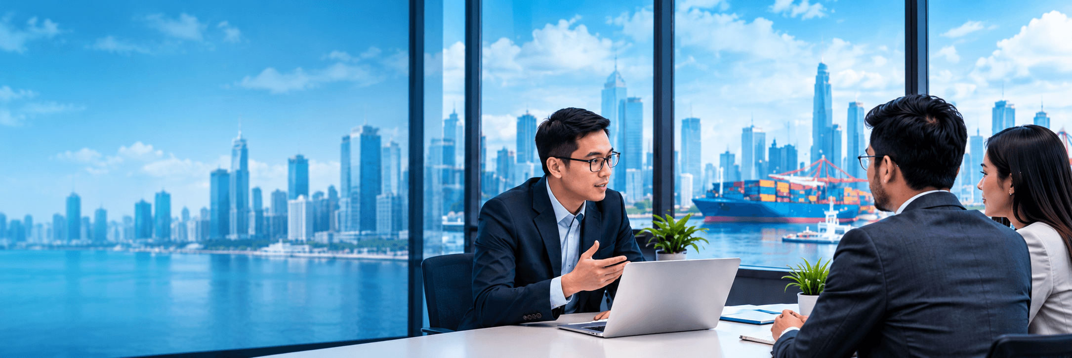 Business consultation meeting with a global shipping and trade view