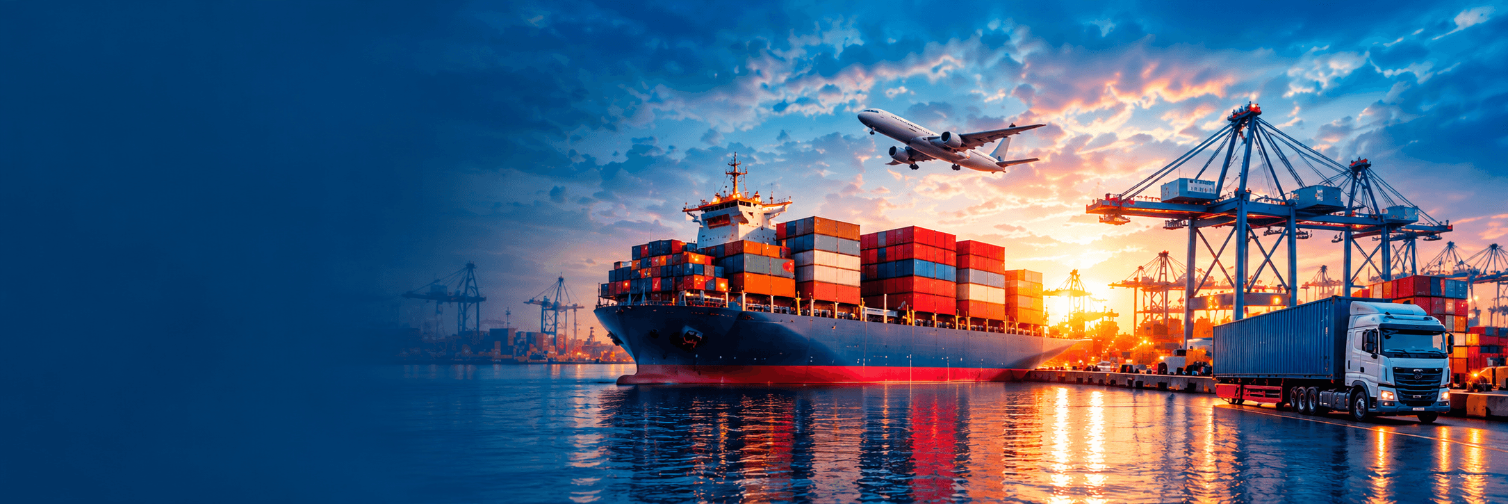 Cargo ship, freight truck and airplane representing international logistics and shipping