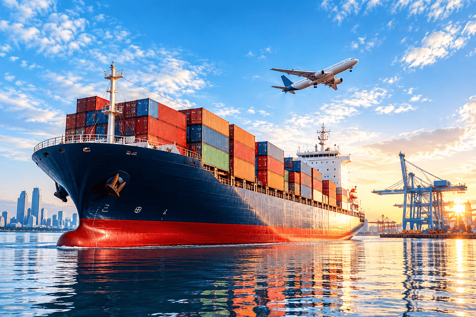 Cargo ship and airplane transporting goods through an international shipping port