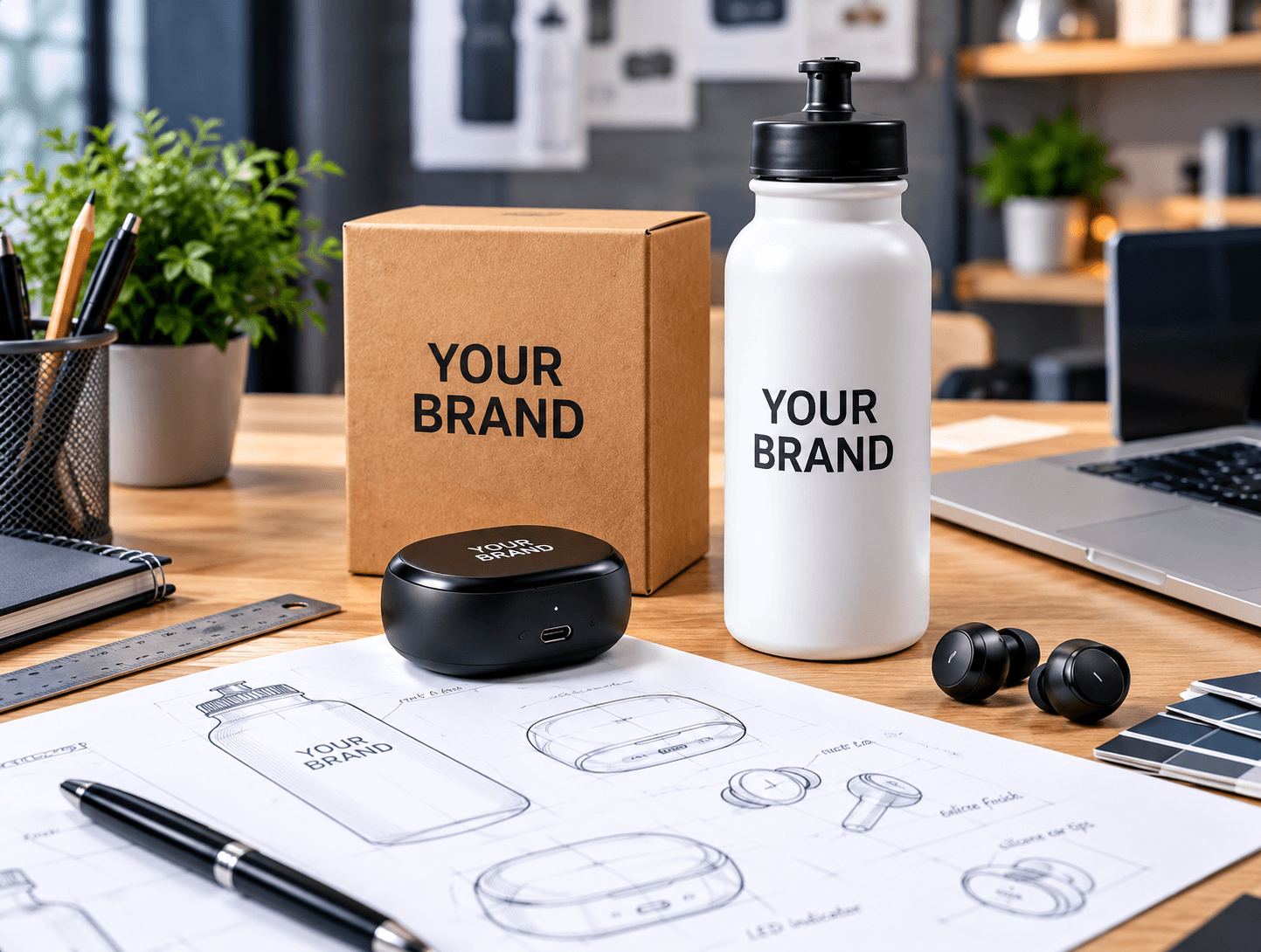 Custom branded products and packaging displayed in a product development studio