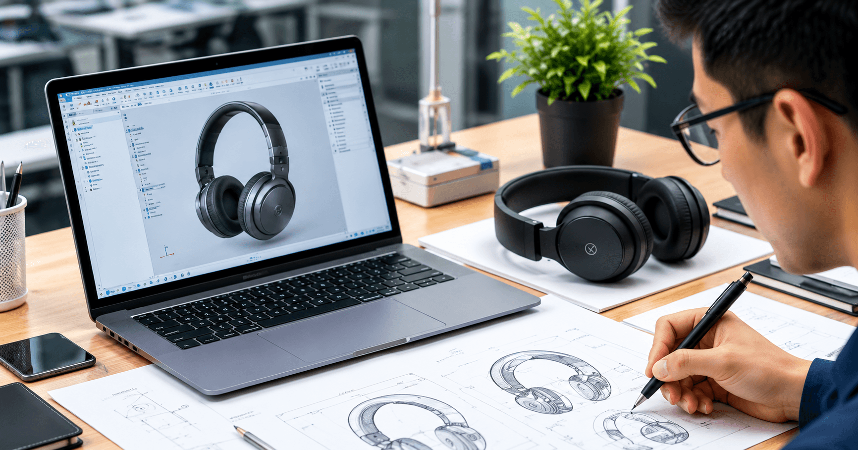 Product designer developing headphones using design sketches and a laptop