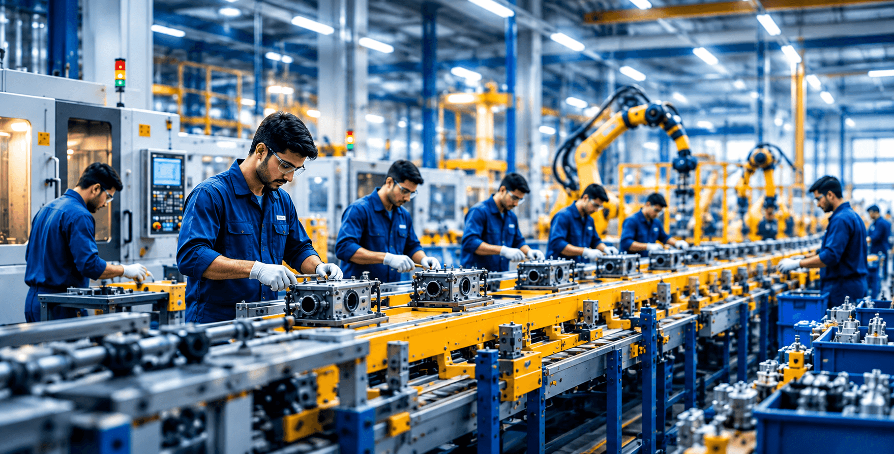 Workers operating industrial manufacturing equipment