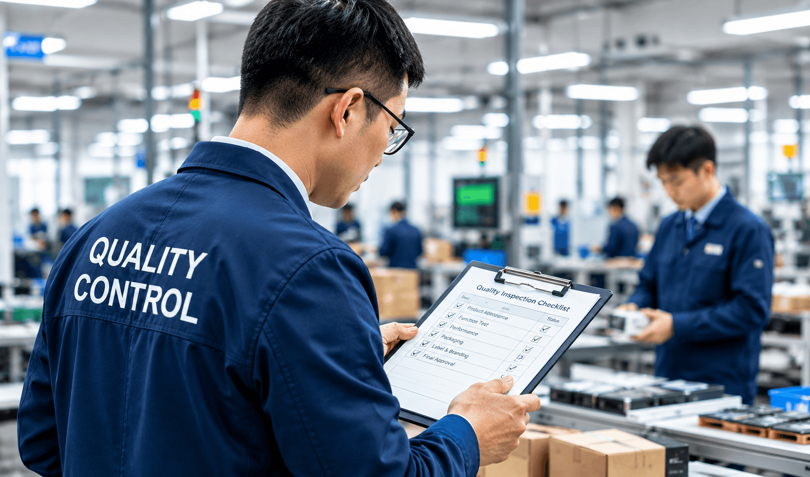 Quality control professional verifying products and supplier quality in a factory