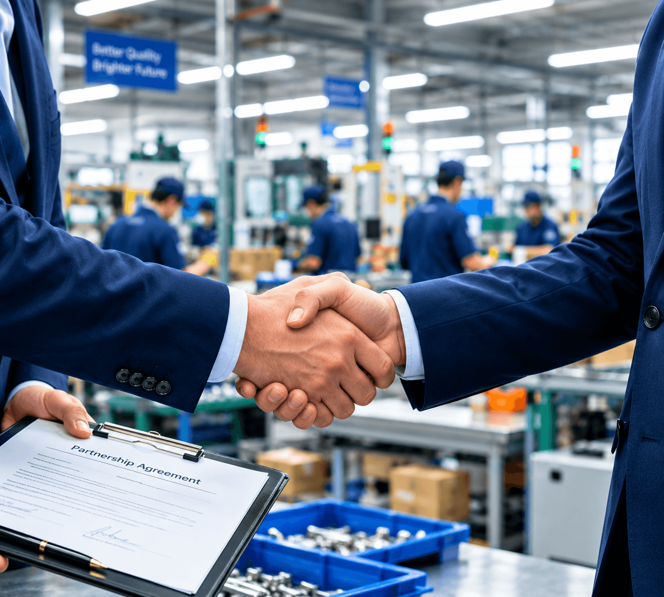 Business partners shaking hands during supplier verification at a manufacturing facility