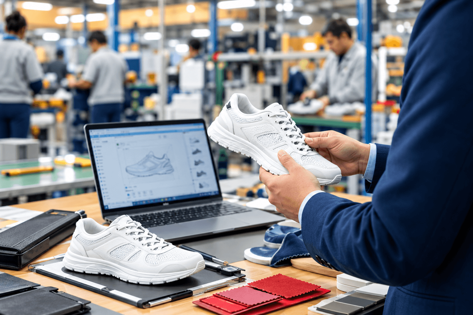 Footwear sourcing specialist inspecting shoes in a modern factory