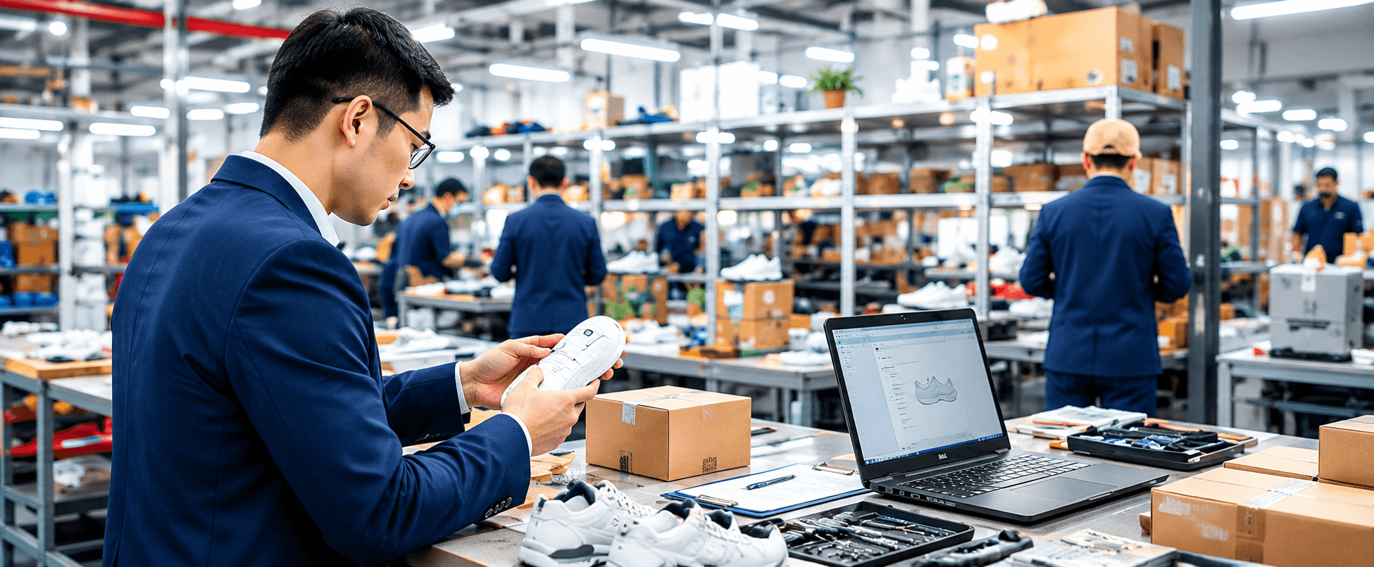 Sourcing specialist inspecting products in a modern manufacturing and warehouse facility