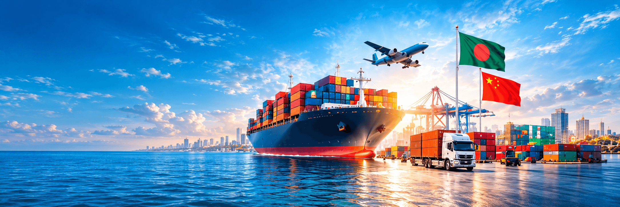 Bangladesh-China trade with cargo ships, containers and air freight