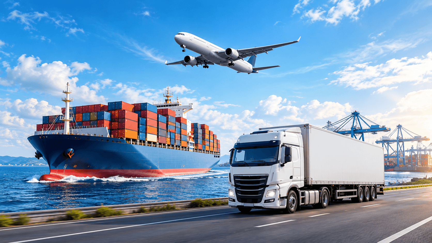 Cargo airplane, ship and truck for international import export