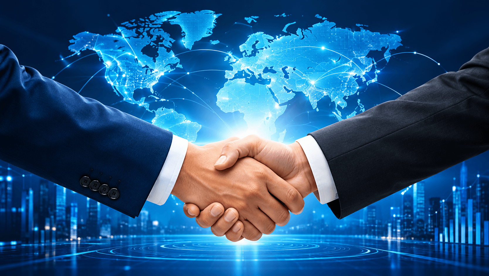 International business partnership and handshake