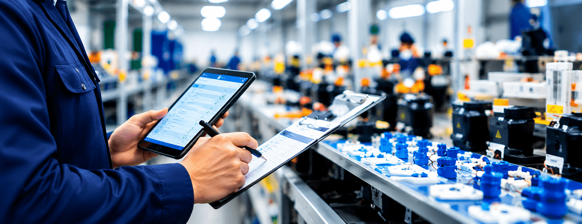Professional inspector checking product quality on a manufacturing production line