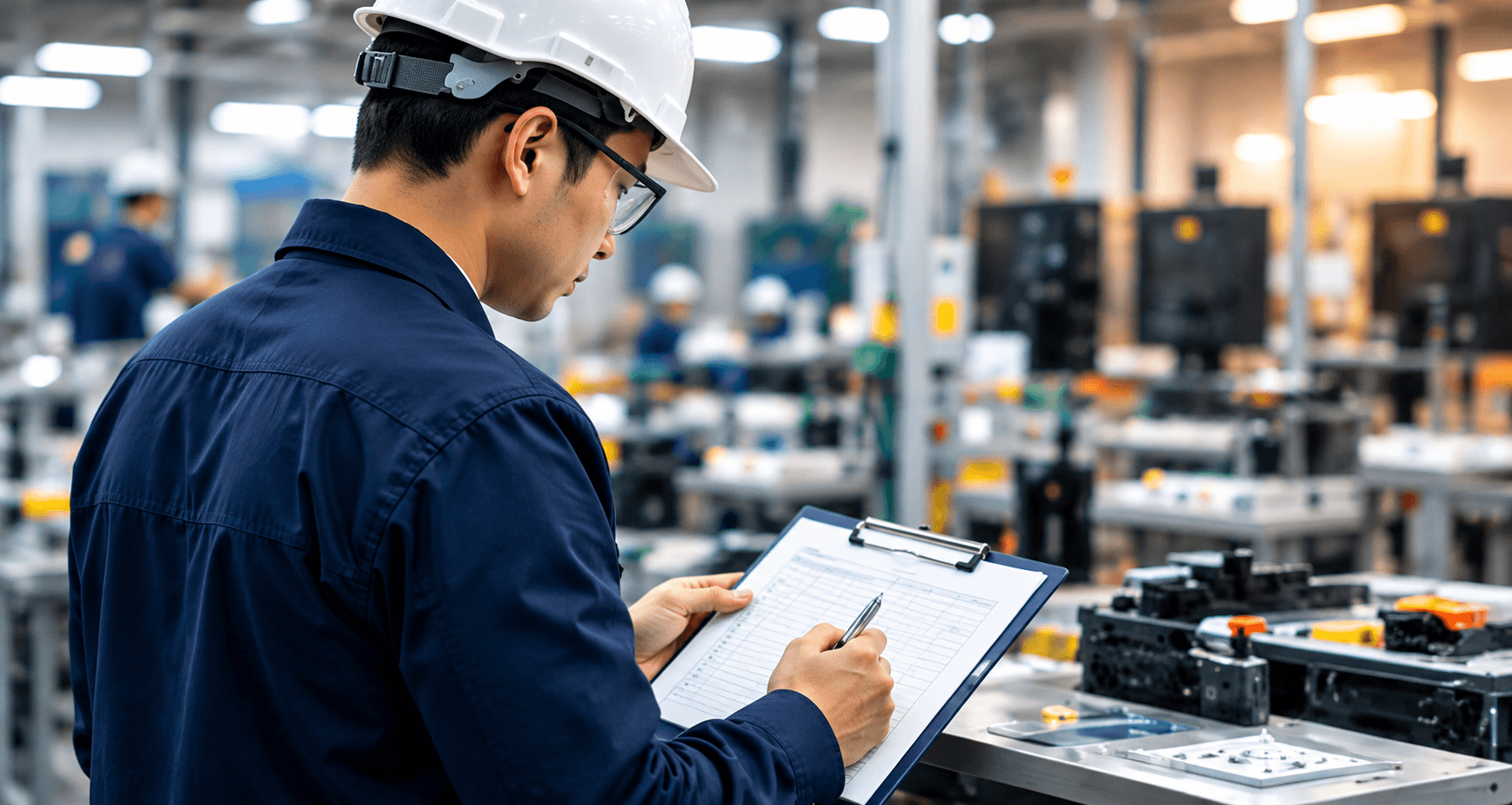 Quality inspector checking product specifications inside a factory