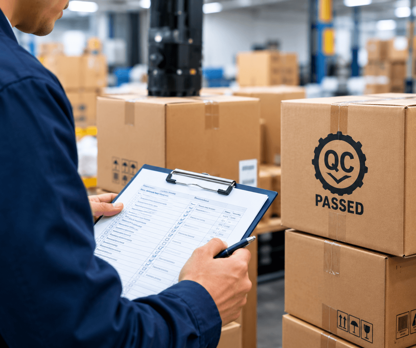 Quality inspector checking cartons and shipment documentation before dispatch