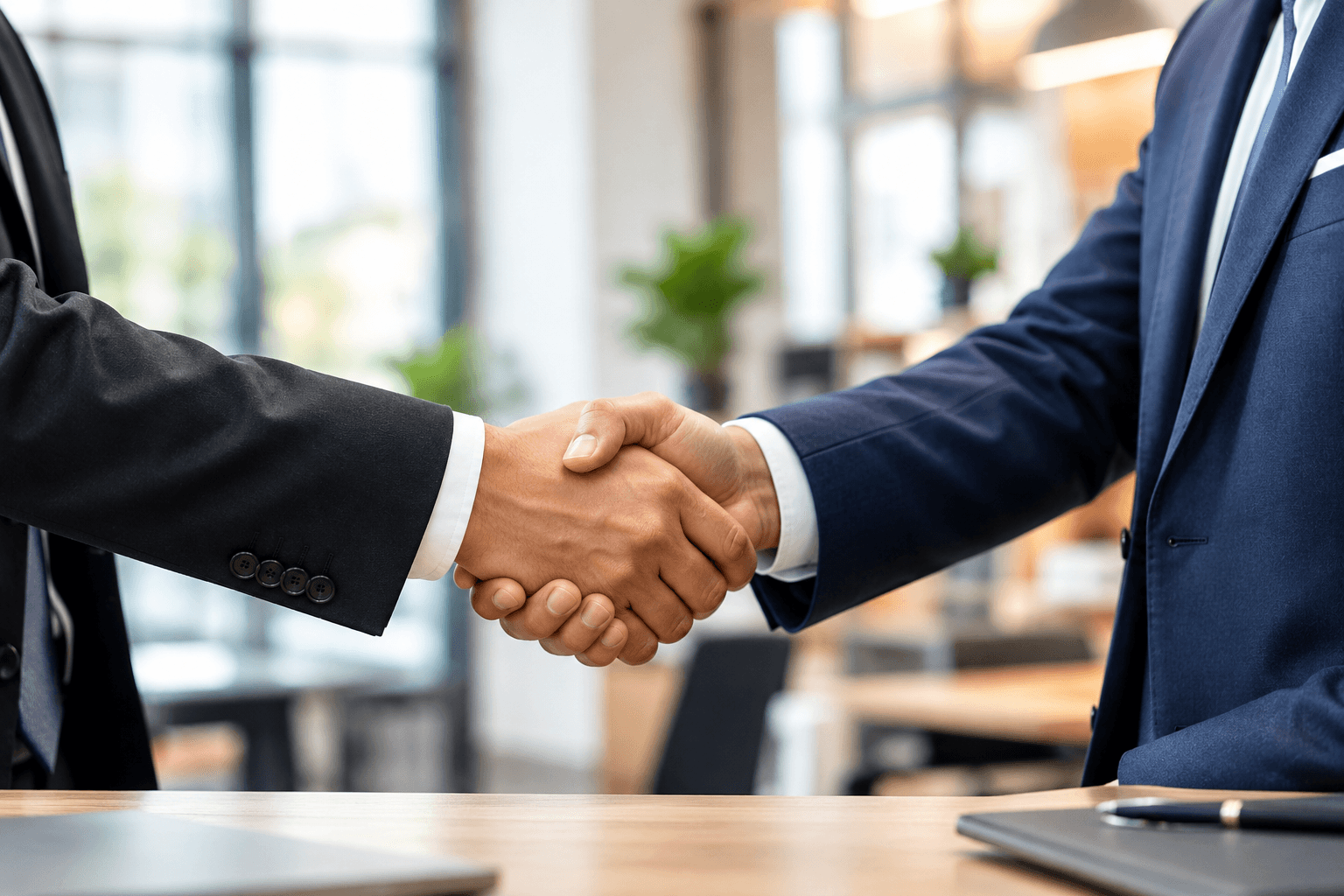 Business partners shaking hands during negotiations