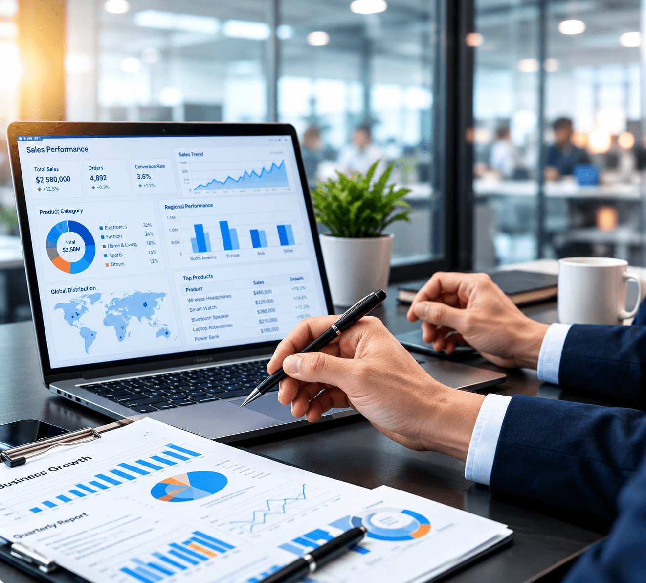 Procurement specialist reviewing supplier quotations, product information and order data
