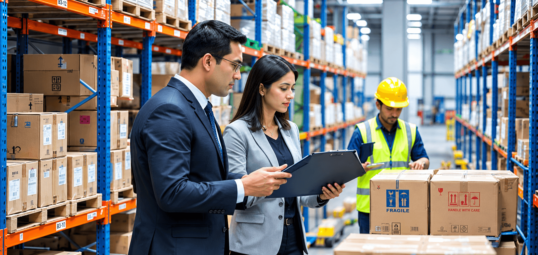 Sourcing professionals checking products and shipments in a warehouse
