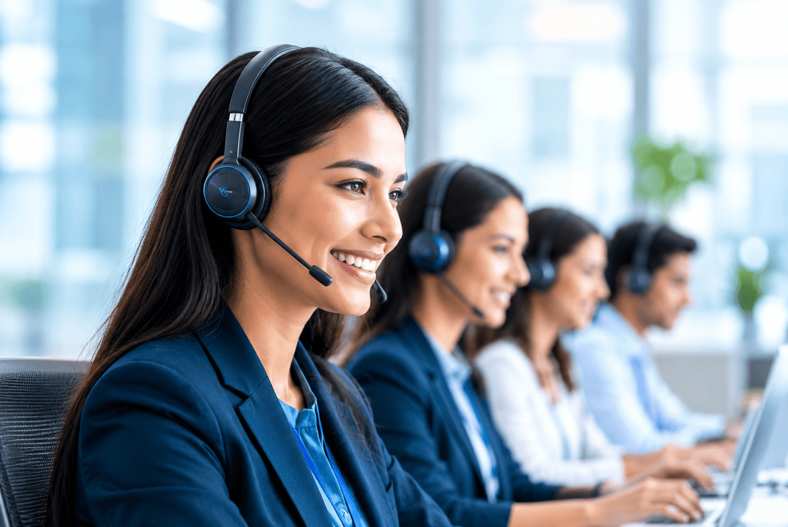 Professional customer support team communicating with clients