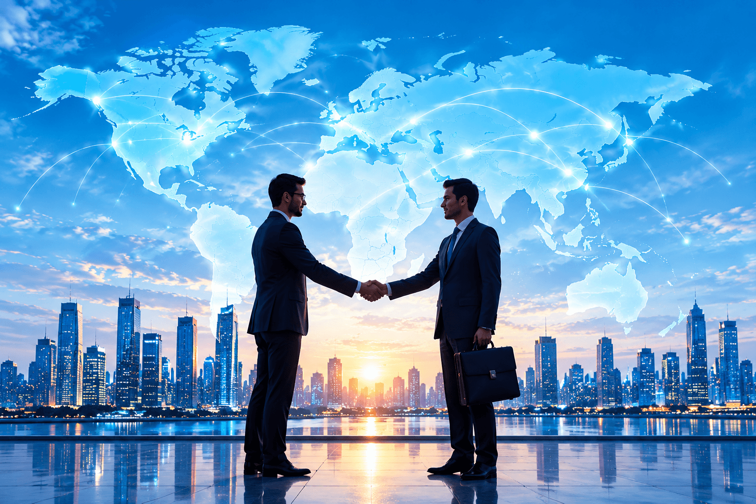 Business partners shaking hands against a global business background